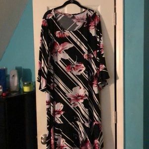 Black and white with pink floral float dress.